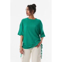 Fullamoda Bürümcük Kumaş Yanları Büzgülü Oversize Bluz- Yeşil
