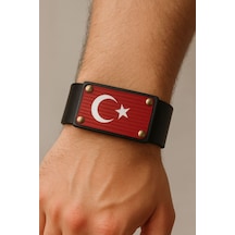 Türk Bayraklı Siyah Kırmızı Deri Bileklik 3 Çıtçıtlı Unisex Tasarım Hakiki Deri Modern Stil Antrasit