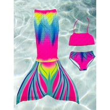 Lolliboomkids Kız Çocuk Deniz Kızı Kuyruklu Kostüm Mayo Bikini Takımı 3 Parça Son Moda Gökkuşağı Çok Renkli