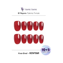 15'li Kırmızı Kısa Oval Kov1561 Tekrar Kullanılabilir El Yapımı Protez Takma Tırnak S