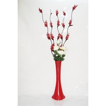 60 Cm Kırmızı Vazo Kırmızı 5 Adet Üzüm Çiçek Beyaz Gül