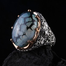 925 Ayar Gümüş Damarlı Yemen Akik Taşlı El İşçiliği Erkek Yüzük Silver