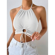 Liona Halter Yaka Bağlamalı Büzgülü Beyaz Renk Fitilli Crop Top Bluz