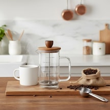 Akasya Ahşap Kapaklı Borosilikat Cam French Press - Ölçü Çizgili Kahve Ve Çay Demliği 350ml Ve 600ml Boy Seçen Diğer