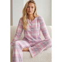 Siyah İnci Düğmeli Pamuklu Likralı Örme Pijama Takım 26240358 Pembe