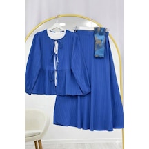 Lovie Moda Önü Bağlamalı Kol Lastikli Etekli Takım Mavi