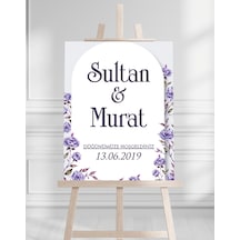 Söz Nişan Düğün İçin 50x70 Karşılama Panosu - Mor Çiçek Tasarımlı 005 Beyaz