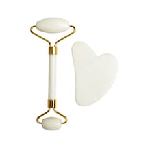 Doğal Yeşim Çift Kafa Masaj Silindiri + Guasha Tahta Kazıyıcı Yüz Zayıflama Yaşlanma Karşıtı Kabarık Gözler Yüz Cilt Bakımı Araçları - Stil B Altın