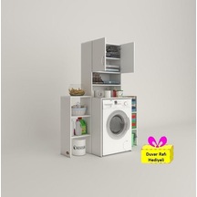 Kenzlife Çamaşır Makinesi Dolabı Hayzummaks Byz 180 096 55 Banyo Kiler Çift Kapaklı Arkalıklı + Tekli Duvar Rafı Hediyeli Beyaz