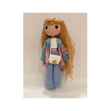 El Yapımı Amigurumi Örgü Bebek 28 Cm Renkli Hırkalı Uzun Saçlı Tığ İşi Oyuncak Bebek Hediyelik Alacalı Mavi