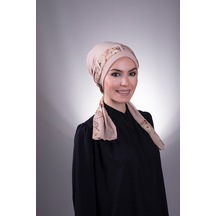 Hürrem Bone Bej Pratik Hazır Geçmeli Tesettür Bone Sandy Kumaş Desenli Şifon Bej