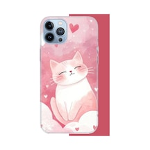 İphone 13 Pro Max Uyumlu Pembe Kedi Uv Baskılı Silikon Kılıf Renkli