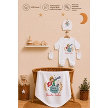 Pia Baby İsme Özel Erkek Bebek 4 Parça Tulum Seti %100 Pamuk Organik Baskılı Battaniyeli 2025bt0x Krem
