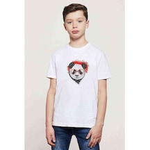 Gözlüklü Panda Baskılı Unisex Çocuk Beyaz T-Shirt