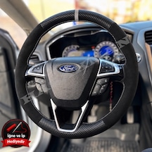 Ford Edge Mk2 Dikme Direksiyon Kılıfı Alcantara Süet Mat Karbon Gri Yüzük Ve Dikiş 2015-2021 Siyah