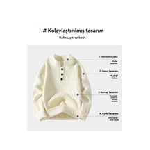 Yarım Balıkçı Yaka Düğmeli Kıvrık Etekli, Her Mevsime Uygun Erkek Kazağı Bej