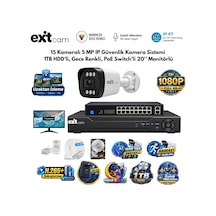Exitcam 15 Kameralı 5 Mp Ip Poe Güvenlik Kamera Sistemi 20 İnç Monitör, 1 Tb Hdd, 300 Metre Kablo, Sesli Ve Gec