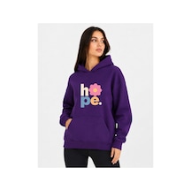 Herkesemoda Hope Çiçek Baskılı Kapüşonlu 2 İplik Şardonlu Sweatshirt Mor