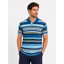 Erkek Çizgili Polo Yaka Tişört Kısa Kol Yazlık T-shirt Regular Fit - Mavi