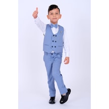 Baby Kids Colors Erkek Çocuk Smokin Takım Elbise 6 Düğmeli Yelekli Papyonlu Zincirli Mavi