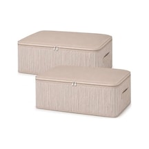75x40x20 Cm Yatak Altı Hurç Düzenleyici, Sağlam Taşıma Kulplu Fermuarlı Saklama Hurcu, Çizgili Dayanıklı Kumaş Hurç, Yorgan Battaniye Nevresim Saklama Kutusu 2, Bej