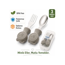 Jojobebek Kaşık Çatal Seti, Ergonomik Kısa Saplı Silikon, Paslanmaz Çelik Uçlu, Saklama Kutulu, 9-24 Ay / Gri
