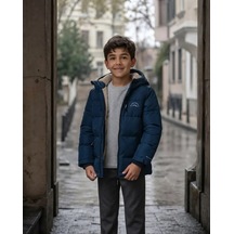 Robin Erkek Çocuk Mavi Kışlık Kapüşonlu Kaban Modeli