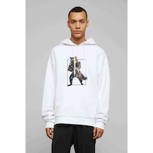 Rakun Rocket Baskılı Beyaz Erkek Örme Kapşonlu Sweatshirt (531038330)