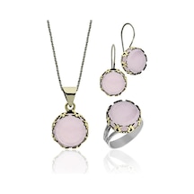 Pembe Kuvars Taşlı Lale Motifli Yuvarlak Otantik Gümüş Kadın Set Rs10022