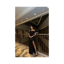 DefyModa Kadın Kare Yaka Yırtmaçlı Kısa Kollu Abiye Elbise Siyah