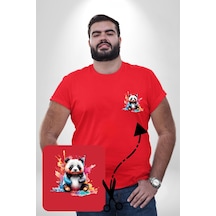 Angemiel Renkli Yavru Panda Kırmızı Büyük Beden Kadın Basic Minimal Baskılı Tişört Kırmızı