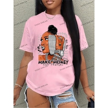 Flood Of Style Unisex Bay Kadın Karikatür Tavşan Baskılı Bol Kesim Tişört Kod-1355 Pembe