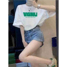 Vgnu T-shirt - Beyaz Baskılı Oversize Bisiklet Yaka Kısa Kol Beyaz