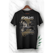 Unısex Siyah Mitoloji Akhilleus Baskılı Tişört Siyah