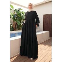 6614-denim Büzgülü Tensel Elbise Siyah