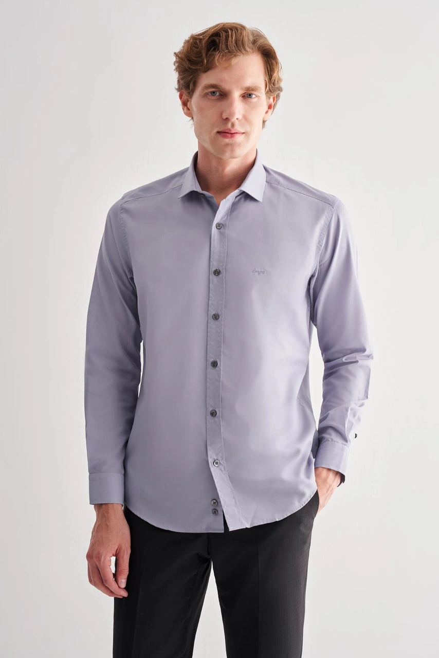 İmza Koyu Gri Yarım İtalyan Yaka Uzun Kol Slim Fit Pamuklu Gömlek 1004255180 Koyu Gri