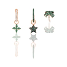 Gümüş Rose Yeşil Taşlı Yıldız Yonca Ve Palmiye Kombin Üçlü Küpe Seti