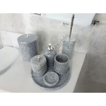 Gri Mermer Klasik Model 7 Parça Gümüş Renk Düğme Aksesuarlı Banyo Seti Gri