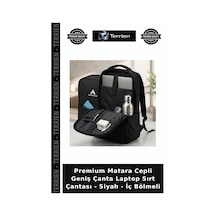 Terrien Premium Matara Cepli Geniş Çanta Laptop Sırt Çantası - Siyah - İç Bölmeli