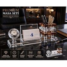 Premium Hediye Ofis Kristal Cam Saatli Kalemlik Kartvizitlik Yönetici Masaüstü Organizer Seti Kahve Çok Renkli