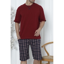 Erkek Şortlu Bermuda Pijama Takımı Kısa Kollu Cepli Pamuk Ekose Bordo Nıc1079 R07