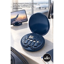 4 Adet Çok Fonksiyonlu Seyahat Şarj Kiti Standlı Adaptörlü Kablo Düzenleyici Kutu, Type-c Lightning Usb-a Micro-usb, Travel Charging Kit Lacivert