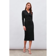 Sateen Kemerli Kalem Elbise - Siyah