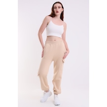 Winmoda34 Kadın Jogger Kalın 3 İplik Yandan Cepli Kargo Eşofman Altı Bejj