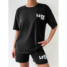 Love Yourself T-shirt Şort - Siyah Alt Üst Kombin Şort Tişört Takım Baskılı Oversize Bisiklet Yaka Siyah
