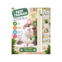 Kedi Tasması Beyaz Yeşil Çiçek Desenli Zilli Ayarlanabilir Boyun Tasması