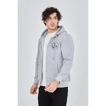 Erkek 3 İplik Pamuklu Fermuarlı Kapüşonlu Kanguru Cepli Baskılı Hoodie Hırka Sweatshirt -gri