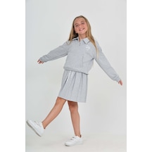 Toontoy Kids Toontoy Kız Çocuk 2'li Takım Baskılı Polo Yaka Çıtçıtlı Düşük Omuz Cepli Sweatshirt & Bağcıklı Pileli Etek Gri