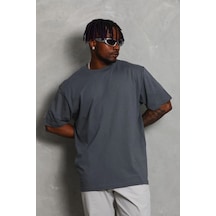 Erkek Düz Yazlık Kısa Kol Tişört Bisiklet Yaka Oversize T-shirt - Füme