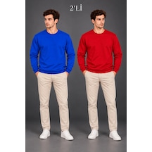 Erkek 2'li Bisiklet Yaka İçi Şardonlu 2 İplik Düz Uzun Kollu Regular Fit Sweatshirt - Mavi & Kırmızı Çok Renkli